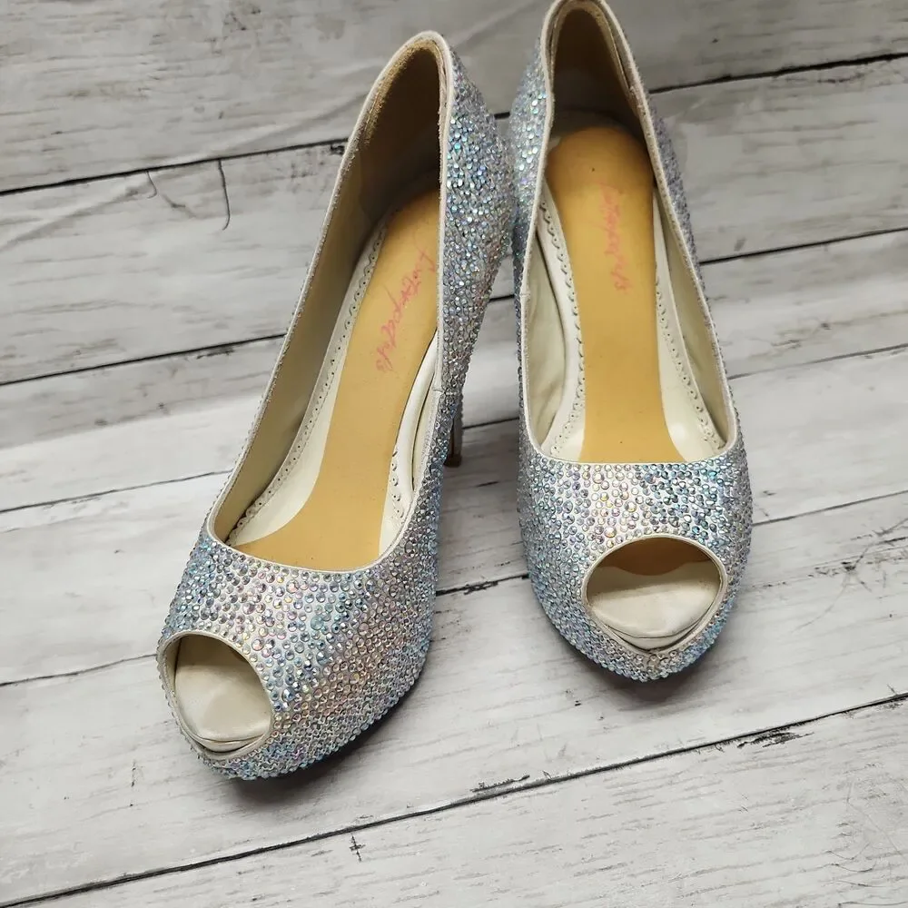 Benjamin Adams London Silver Jewel Encrusted Peep Toe Platform Pumps S 7.5/38